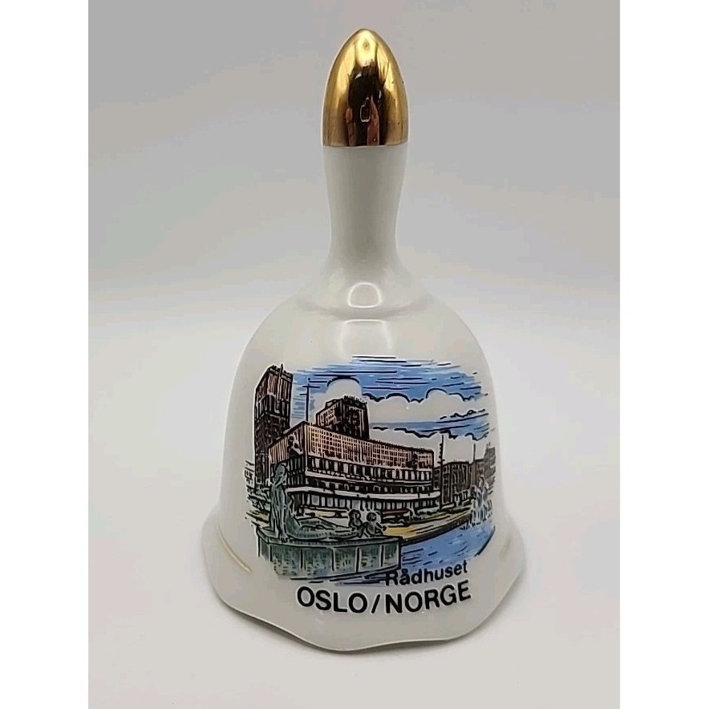 Vintage Norway Norge Small Gold Trim white Ceramic Bell‎ with Mountains
